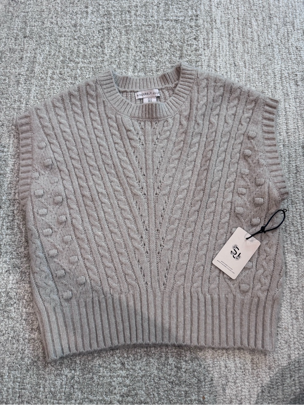 Sincerly Jules Light Taupe Cable-Knit Sleeveless Sweater Vest